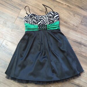 XoXo Y2K Midi Cocktail Dress, Black, Green and Zebra Print, 9